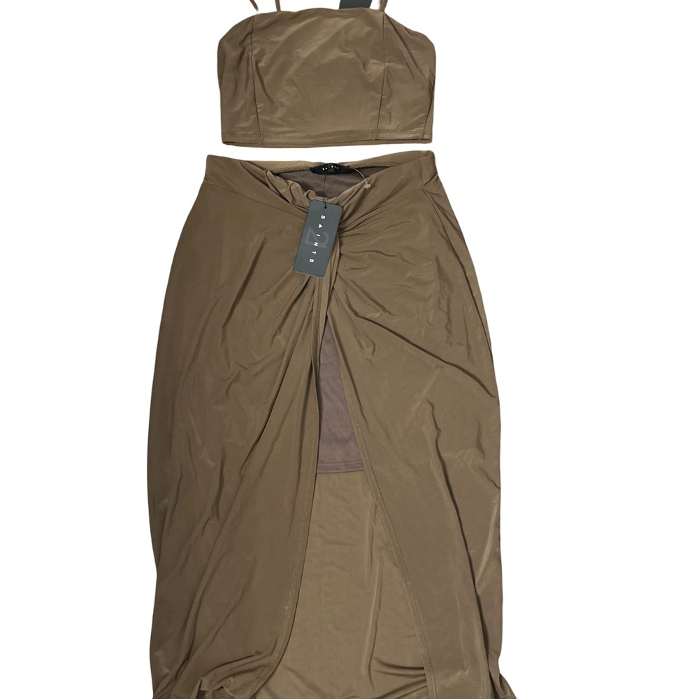 Brown Asymmetrical Pleated two-piece Cocktail Dress